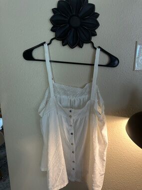 Laura Ashley White Eyelet Button Tank with Lace Trim
